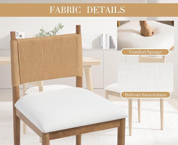 CIMOTA Modern Dining Chairs Set of 4, Mid Century Upholstered Dining Room Chairs with Woven Back, Armless Kitchen Chairs with Natural Solid Wood Legs, Linen Beige