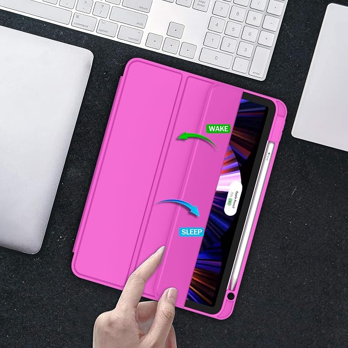 New iPad Pro 11 Inch Case 2022(4th Gen)/2021(3rd Gen)/2020(2nd Gen) with Pencil HolderSmart iPad Case [Support Touch ID and Auto Wake/Sleep] with Auto 2nd Gen Pencil Charging (Deep Pink)