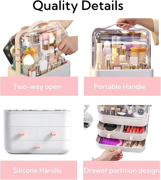Makeup Organizer and Storage for Vanity with Lid and Drawers, Waterproof and Dustproof Portable Skincare Cosmetics Boxes, Makeup Caddy Holder for Vanity Countertop, Bathroom, Dresser, Bedroom