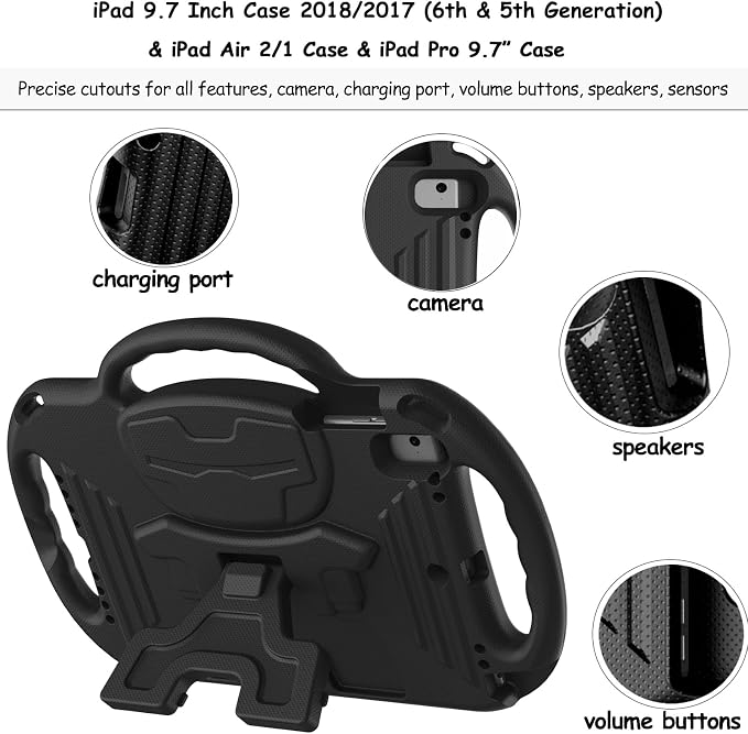LTROP Kids Case for iPad 5th/6th Generation (2017/2018) &amp Air 2 Shoulder Strap Handle Stand Shockproof Bumper Cute Kid Case for iPad 9.7 Inch Black