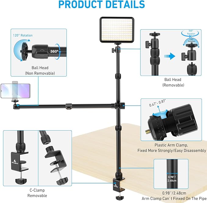 Ailight Overhead Camera Mount Desk Stand, 15.75"-33.45" Webcam Mount with 2-Section Adjustable Telescopic Boom Arm, C Clamp/Swiveling Ball Head for DSLR Camera, Phone Clip, Ring Light, Webcam