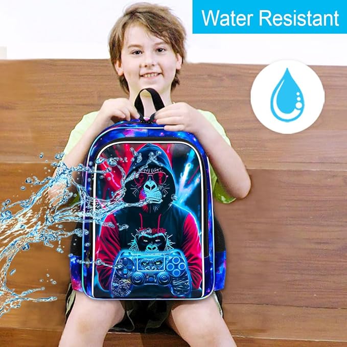 gxtvo 3PCS Game Backpack for Kids, 17" Boys Gorilla Bookbag with Lunch Box, Water Resistant Middle Elementary School Bag - Gaming Gorilla
