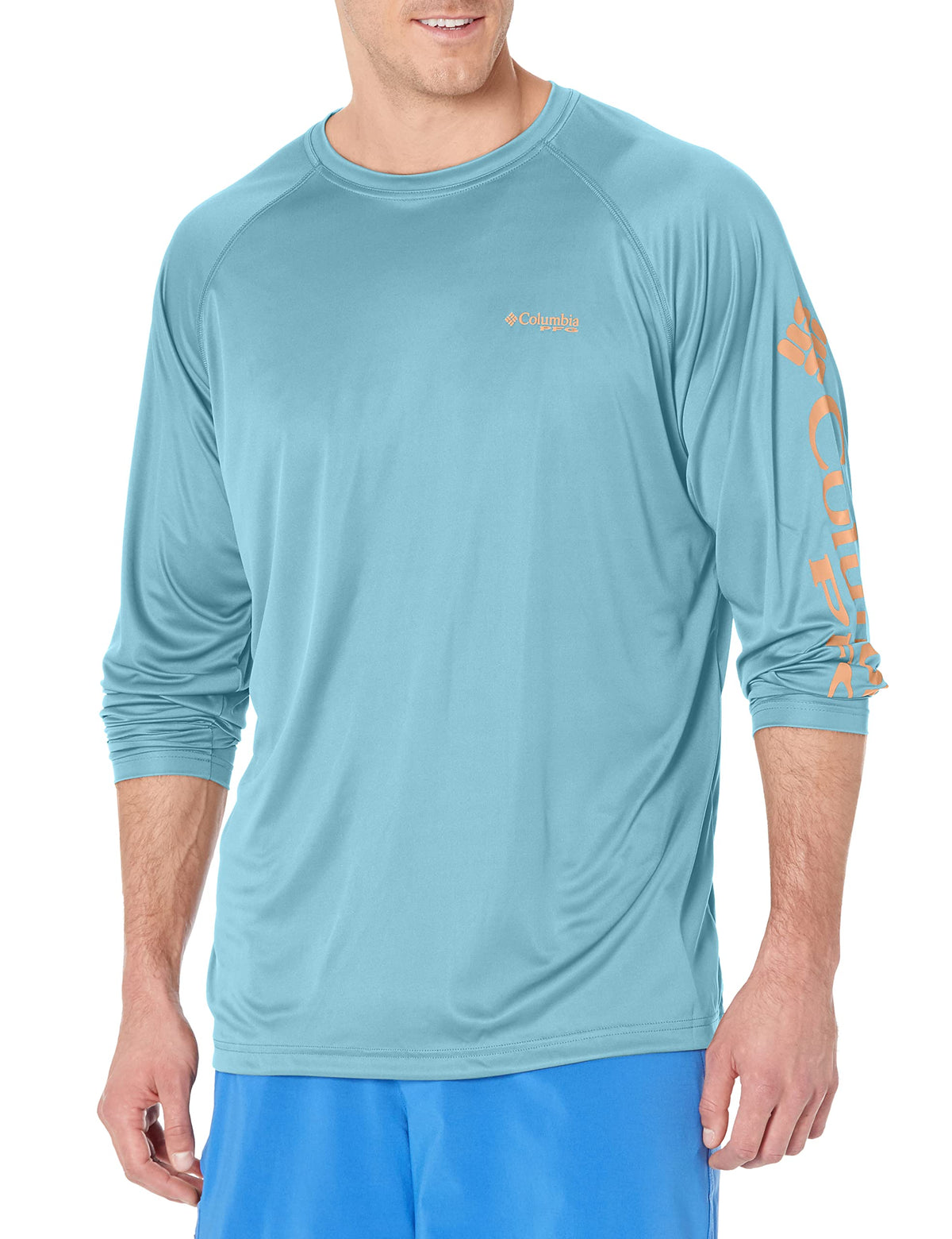 Columbia Men's Terminal Tackle Long Sleeve Shirt, Storm/Bright Nectar Logo, Small