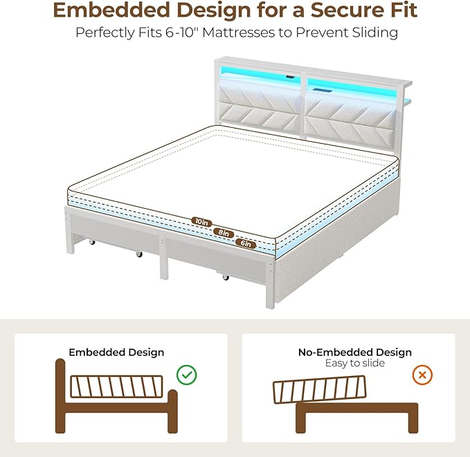 Seventable Full Size Bed Frame with 4 Storage Drawers, Charging Station & LED Lights, Upholstered Headboard with 2-Tier Shelves, Metal Platform Bed, No Box Spring Needed, Noise-Free, White