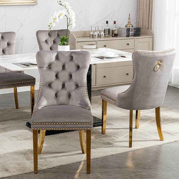 Luxury Upholstered Dining Chairs Set of 6, Grey Kitchen Chair with Golden Metal Legs, Velvet Tufted Back Dining Chair, Sillas de Comedor, Modern Kitchen & Dining Room Chairs (Gray, 6 Pcs)