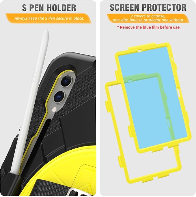 HXCASEAC Case for Samsung Galaxy Tab S10+ Plus / S9 Fe+ / S9+ 5G 12.4 inch Protective with Screen Protector/S Pen Holder/ 360 Rotating Stand Hand Strap - Black