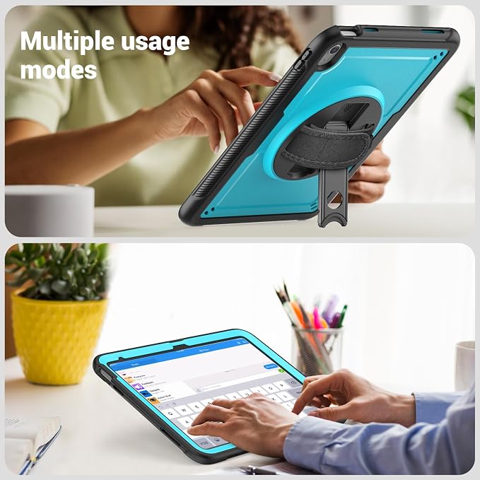 Case for iPad (A16) 11th Generation 11 inch 2025 Lightweight Rugged Dual-Material Design 360° Rotating Adjustable Leather Hand Strap Foldable Kickstand Durable with Full ProtectionBlue