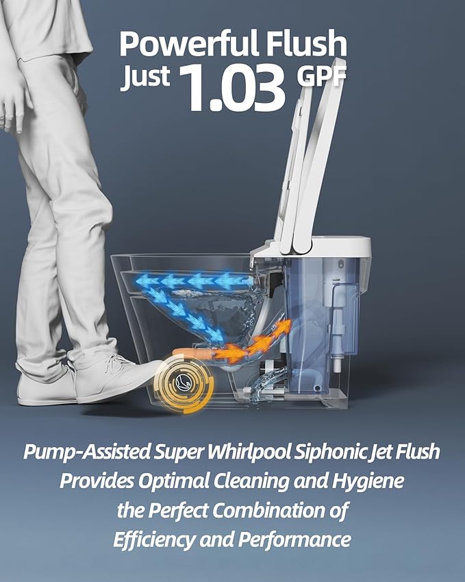 Luoware Smart Toilet, One Piece Toilet with Built-in Heated Bidet Seat, Auto Flush, Foot Sensing Flush, Built-in Tank & Pump-Assisted, Warm Water & Dryer, LED Display, Night Light, Manual Lid