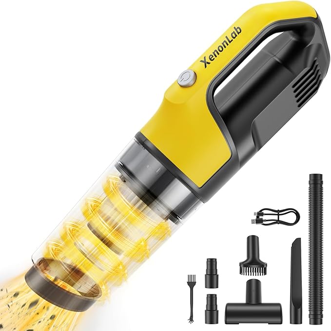 Handheld Vacuum Cordless 1.1 Pounds Car Vac 10000PA Hand Held Vacuums 4-in-1 Hand Vac Cordless Rechargeable HEPA Filter Large Capacity Dust Cup for Car Office Home Pets Hair (Yellow)