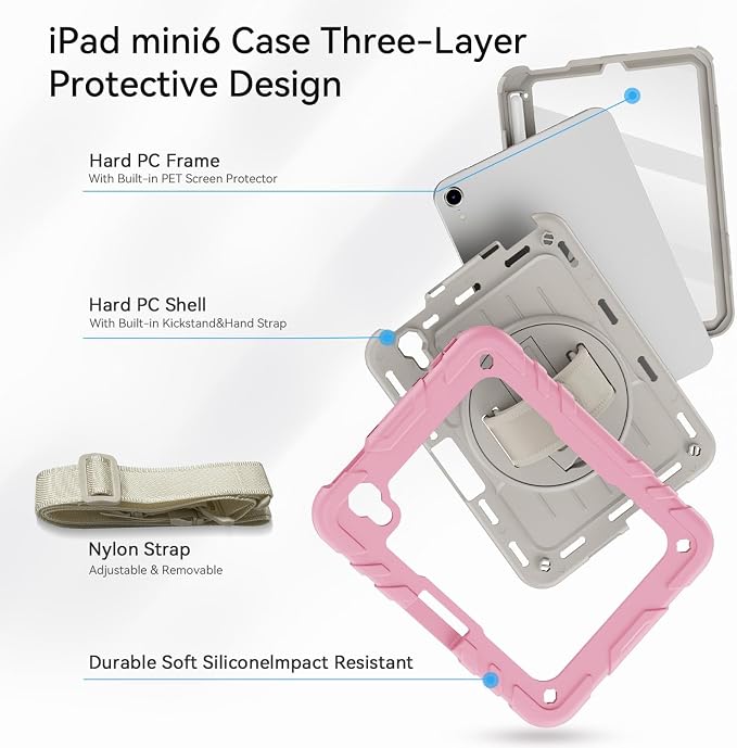 for iPad mini 7 A17 Pro/iPad mini 6 8.3 Inch Case iPad mini 7th/6th Generation Case (2024/2021) with Pencil Holder/Kickstand Hand Strap/Shoulder Strap Black