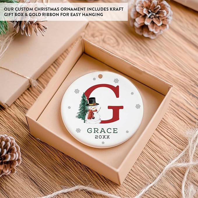 Andaz Press Personalized Ornament, Custom Name, Initial G Monogram Snowman 2.8" Ceramic Porcelain 2025 Christmas Ornament Keepsake for Kids, Boys, Girls, Initial Ornaments, 1-Pack