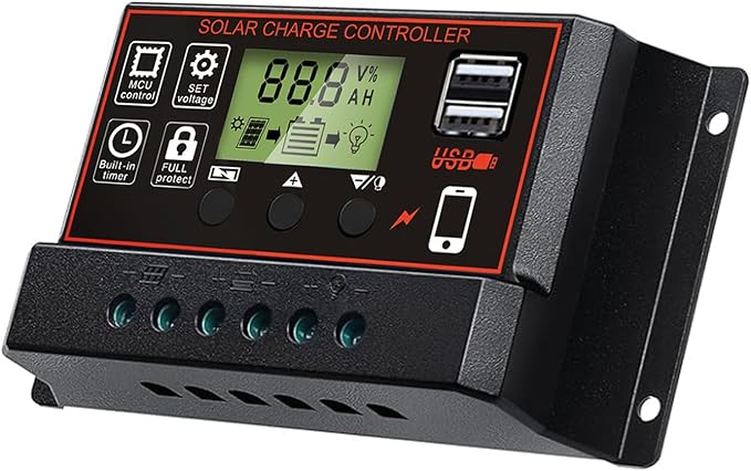 Solar Charge Controller, Solar Panel Charge Controller Intelligent Regulator with Dual USB Port 12V/24V, Auto Paremeter Adjustable LCD Display PWM（Black, 30A）