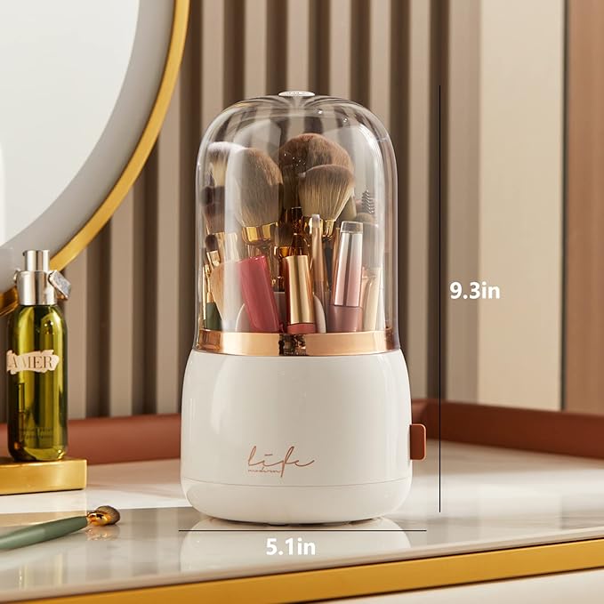 Makeup Brush Holder Organizer with Lid, Rotating Dustproof Make Up Brushes Organizer with Clear Acrylic Cover for Vanity Desktop Bathroom Countertop (white)