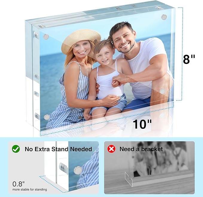 HOUSE DAY Acrylic Picture Frames 8x10, 1 Pack Magnetic 8x10 Picture Frame, Double Sided Clear 8 x 10 Photo Frame with Microfiber Cloth, Frameless FreeStanding 8x10 Frame Gift for Desktop Display