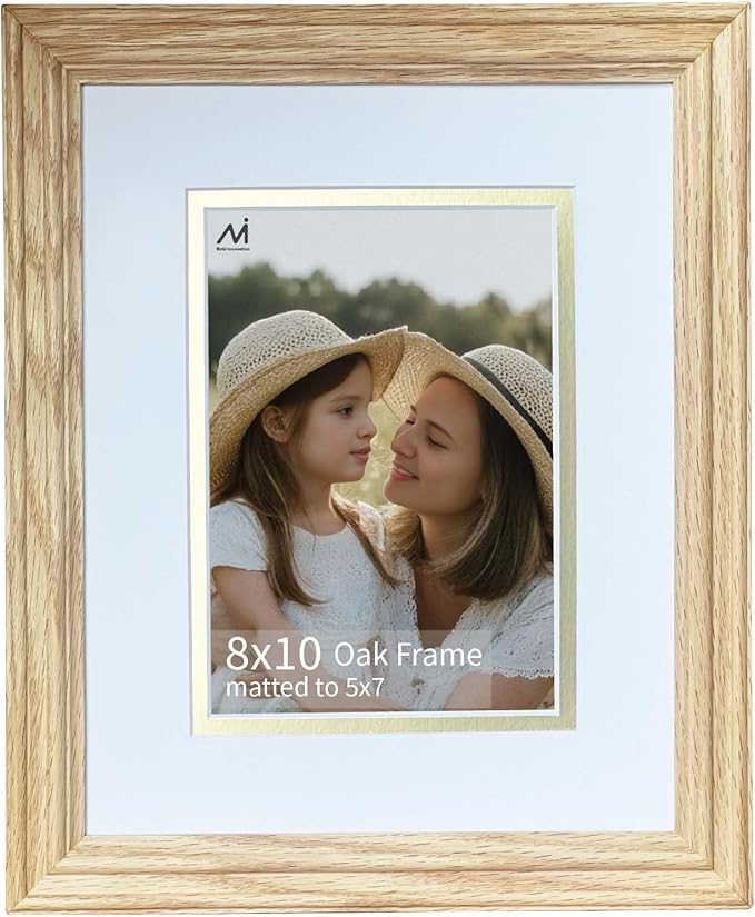 8x10 picture Frame Matted to 5x7, 5*7 Picture Frame with Mat ,8*10 Solid Oak Wood Picture Frames Tabletop or Wall Mount Display，8 by 10 Premium Photo Frame with Real HD Tempered Glass ,Oak Color, 1 Pack