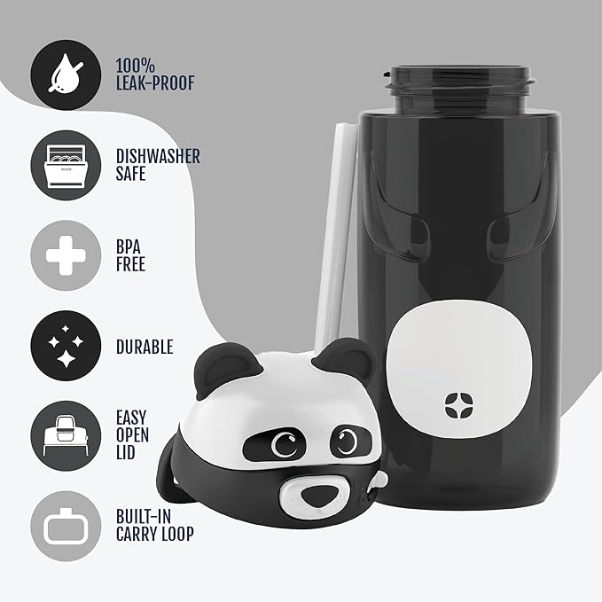 Ello Ellies 16oz Plastic Kids Water Bottle with Straw and Built-in Carrying Handle and Leak-Proof Locking Lid for School backpack, Lunchbox and Outdoor Sports, Panda