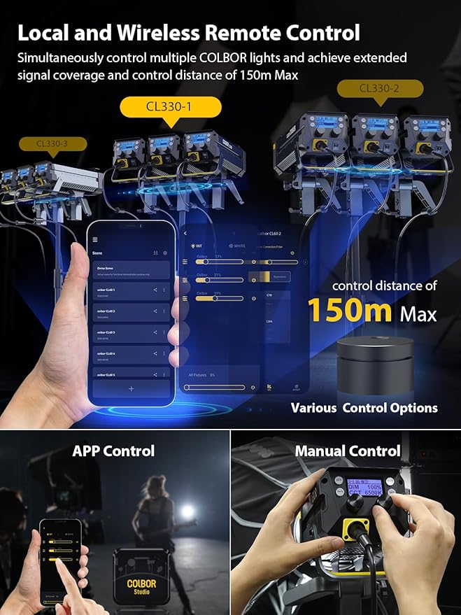 Video Light, COLBOR CL330 330W Continuous Lighting 2700-6500K Bi-Color CRI96+ 65,800Lux@3.3ft COB Studio Light Professional with Bowens Mount APP 10 Light Effects, LED-Video-Ligh-Photographyt-Studio