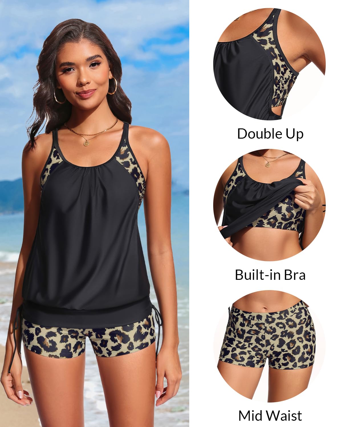 Holipick Leopard and Black Tankini Swimsuits for Women Two Piece Tummy Control Bathing Suits Blouson Tankini Top with Sporty Boy Shorts M