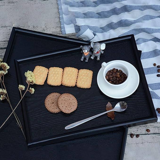 22 x 18 Inches Extra Large Solid Wood Serving Tray for Tea Coffee Table Snack Food Meals Serving Plate Kitchen Party Bar Breakfast Server with Raised Edges Black Wooden Decorative Ottoman Tray