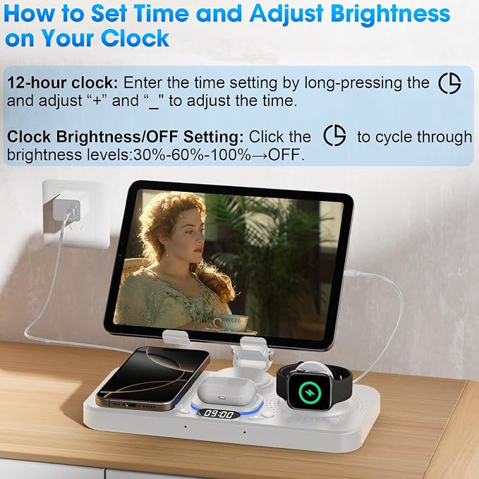 6 in 1 Wireless Charger for Apple Device 30W Foldable Wired Charging for ipad with Clock &amp 7 Color Ambient Light Nightstand Charger Station for iPhone 17