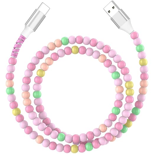 Jelanry 3FT USB-A to USB-C Fast Charging Cable Beaded &ampData Sync Women Girl | Cute kawaii beaded cable for iPhone 17/16/15 Samsung S26/S25/S24 Pixel iPad Fast charge for daily use office &amp tra