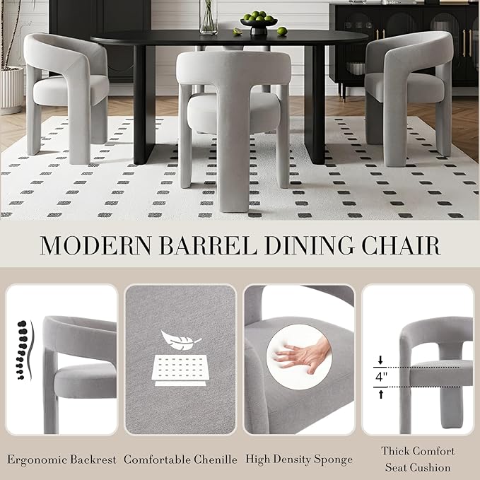 Modern Chenille Barrel Dining Chair Upholstered Fabric Dining Room Chair with Arm Comfy Accent Side Chair for Kitchen/Living Room/Reception, Grey, 1 PC