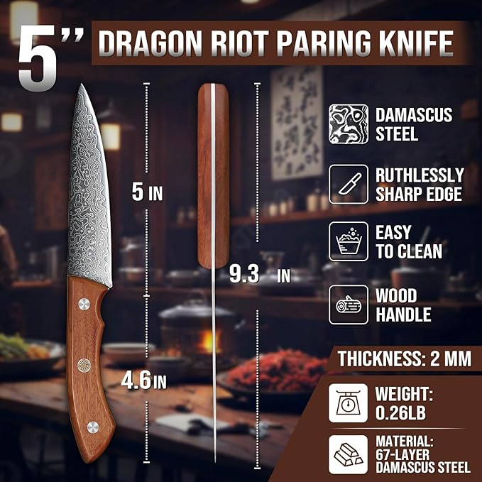DRAGON RIOT 5 Inch Damascus Paring Knife, VG10 Steel, Ergonomic Wood Handle