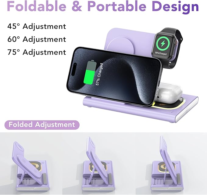 3 in 1 Foldable Wireless Fast Charging Station for Apple Multiple Devices | iPhone Charging Station for iPhone 17 Travel iWatch Charger Stand Light Nightstand Charging Dock for Apple Watch/Airpods