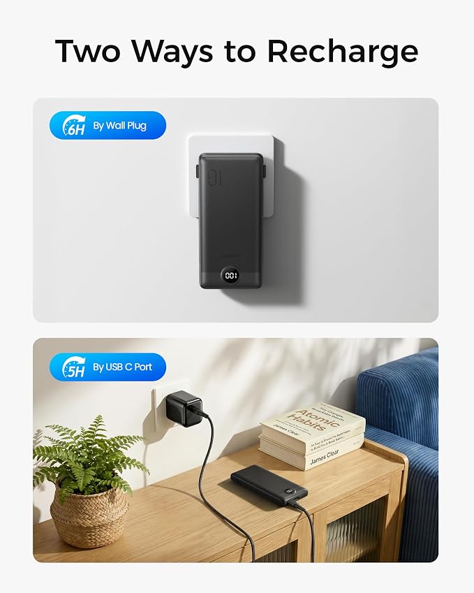 VEGER Portable Charger for iPhone Power Bank Built in Cable and Wall Plug | 10000mAhUltra Slim&ampCompact5 OutputsLED DisplayFlight-SafeTravel Essentials Battery Pack for iPhone 17iPad Samsun