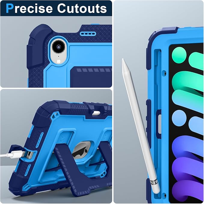 Kids Case Compatible with iPad mini 7 A17 pro 2024 Mini 6 8.3”Colorful Shockproof Case with Pencil Holder and Adjustable Big StandHandle Strap for iPad mini 6th 7th Gen