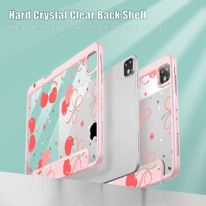 May Chen Case for iPad 12.9 Inch (6th/5th/4th/3rd Generation 2022/2021/2020/2018) Pencel Holder + Trifold Support Auto Sleep/Wake Transparent Shockproof Back Cover Blue Bows