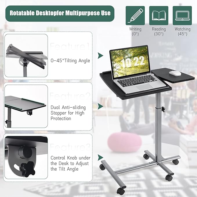 COSTWAY Rolling Laptop Stand, Mobile Laptop Tray and Cart with 45 ° Degree Swivel Tilting Tabletop, Height Adjustable Mobile Podium from 24.5'' to 36'', Overbed Computer Table for Sofa, Bed