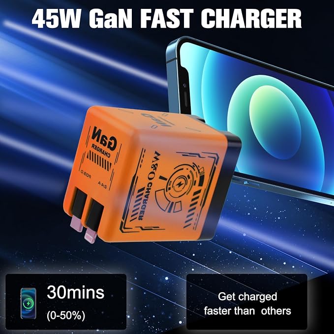 2-in-1 GaN Charger Fast Charging with Lightning and Type-C Cables Black | Retractable Phone Chargers Foldable fast charger Compatible with iPhone&ampMost Android