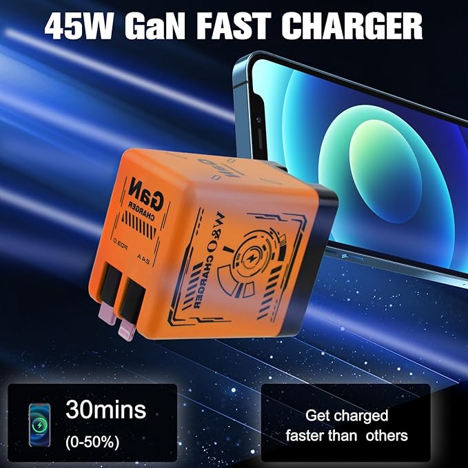 2-in-1 GaN Charger Fast Charging with Lightning and Type-C Cables Black | Retractable Phone Chargers Foldable fast charger Compatible with iPhone&ampMost Android