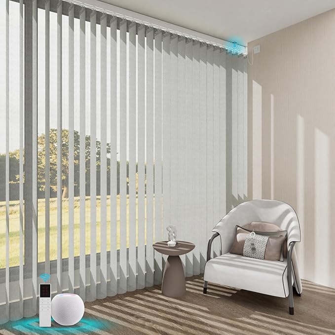 Blindify Motorized Sheer Vertical Blinds with Remote, Light Filtering Smart Vertical Blinds Work with Alex Google Home, Horizontal Blinds for Sliding Glass Doors, Customize(Linen Light Gray)