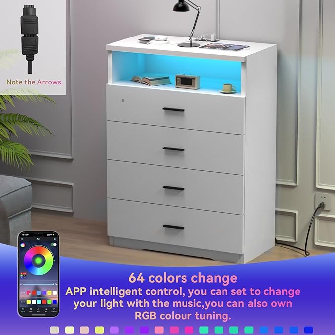 Dresser with Power Outlets and LED Lights Wooden 4 Drawer Dresser with Large Organizer Tall White Drawer for Bedroom Modern Chest of Drawers Closet for Living Room Kids Room