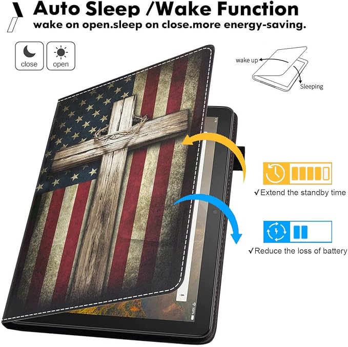 Case for All-New Amazon Kindle Fire 7 Tablet (7 Display 12th Generation 2022 Release) Premium PU Leather Stand Cover with Smart Auto Wake American Flag and Cross