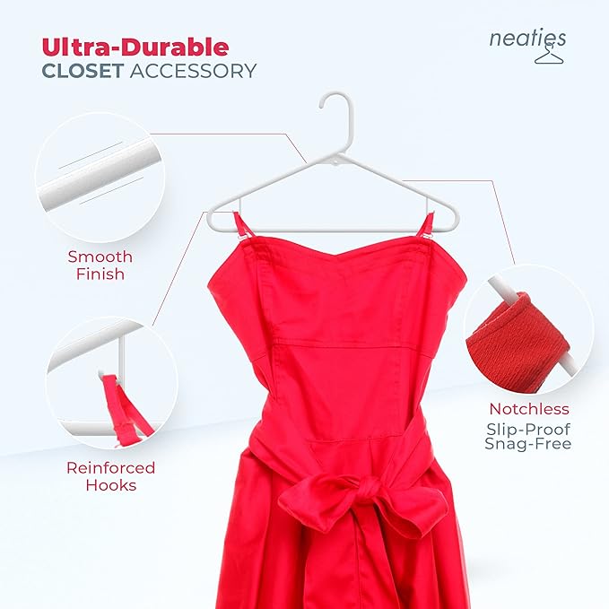 Neaties Plastic Hangers 30 Pack – Made in The USA – 6lb Capacity Standard Clothes Hangers with Strap Hooks for Dresses, Lingerie, Shirts, Pants, and Jackets – Pink
