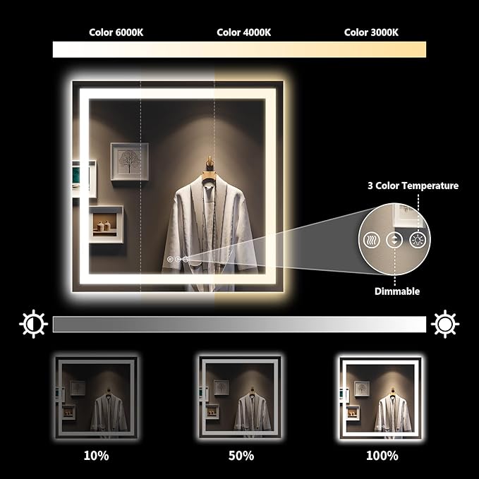 YEELAIT 36x36 Inch LED Bathroom Mirror with Lights Front and Backlit Lighted Vanity Mirror for Bathroom Wall with 3 Colors Dimmable Anti-Fog Memory Shatter-Proof IP54 Waterproof Horizontal/Vertical