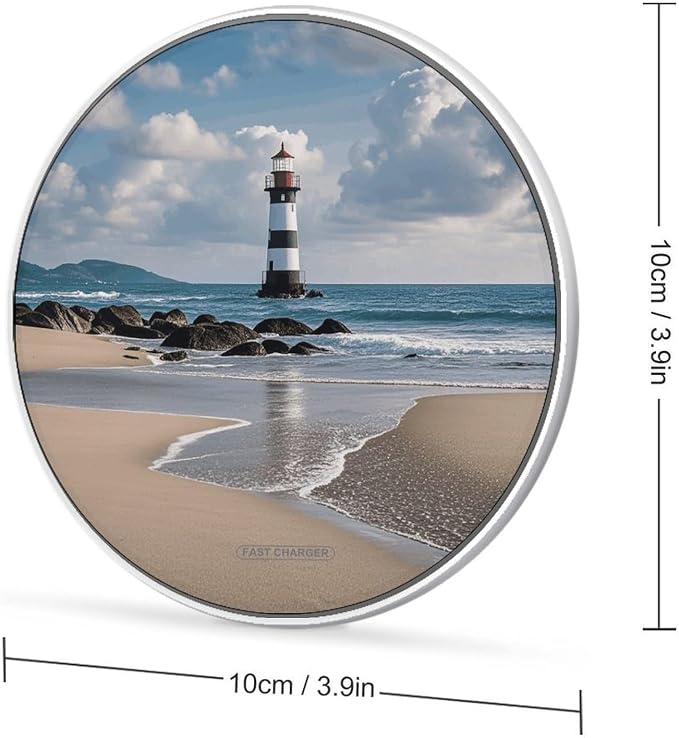 Sea Lighthouse Sandbeach Wireless Charger with USB CableAluminum Alloy Frame 10W Max Compatible Fast Wireless Charging Pad- 3.2ft Cable Included for Travel Home Office Desk