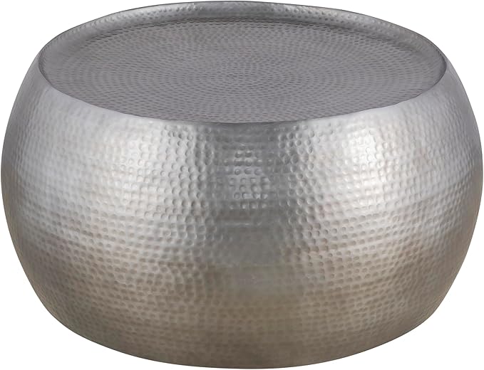 CT501 Modern Contemporary Round Aluminum Material 32" Coffee Table, Farmhouse Table with Glossy Hand Hammered Design Antique Silver