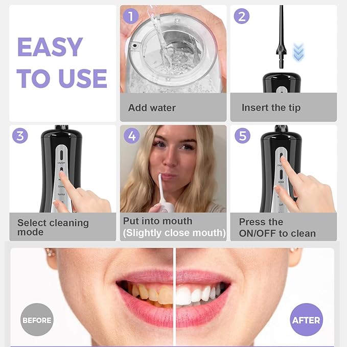 GOLDANT 350ML Water Dental Flosser Teeth Pick with Travel Bag, 5 Modes Portable Cordless Oral Irrigator Cleaner, Electric Rechargeable IPX7 Waterproof for Home Travel Teeth Cleaning flossing(Black)