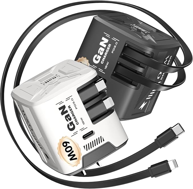 W &amp O 60W GaN Fast Charger Wall Plug Built-in Retractable USB-C &amp L Cables | Retractable Wall Charger with 47.2 Cables One Pull Charging No Cable Mess Solution for iPhone 17/16/15 Galaxy
