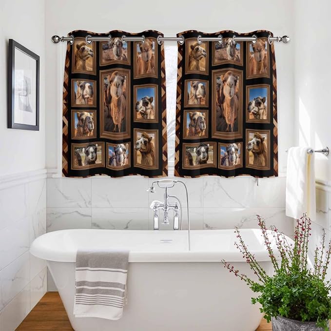 2 Panel Kitchen Cafe Curtains, Desert Camels Sunlight Filtering Nature Air