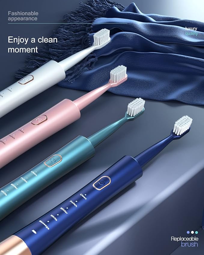 AJELU High Vibration Sonic Electric Toothbrush for Adults with 2 Minutes Smart Timer, Fast Charge Lasts Long, 5 Optional Modes, 8 Replacement Brush Heads Ultra Whitening, White