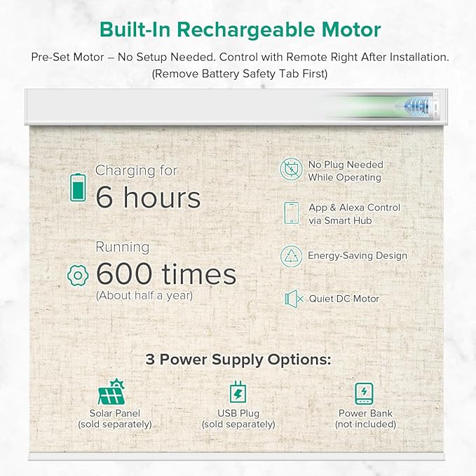 Kilonity Motorized Roller Shades, Light Filtering Remote Control Custom Window Shades Compatible with Alexa Google Assistant via RF Hub, Rechargeable Electric Blinds for Windows (Texture Beige)