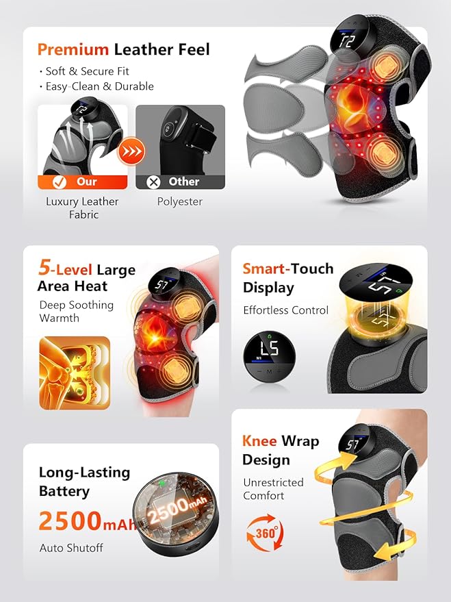 Upgrade 4 Massage Area Knee Brace & Red Light Therapy for Knee, Cord-Free Rechargeable Controller, 20Min Auto Shut-Off, 660nm & 850nm Red Light Therapy Device for Knee/Elbow/Shoulder.