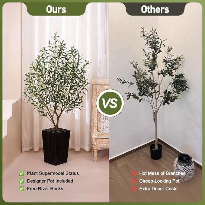 Artificial Olive Tree 5FT Indoor&Outdoor Faux Plant - UV Resistant Large Fake Tree with Black Planter & Pebbles, Realistic Tall Potted Artificial Trees for Modern Home Decor Office Living Room VN132