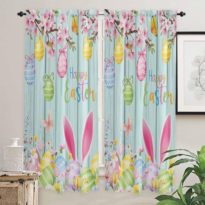 Happy Easter Living Room Curtains 72 Inches length, Spring Bunny Eggs Flower