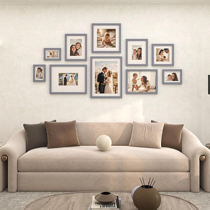 Egofine 9x12 Picture Frame Made of Solid Wood Covered by Plexiglass, Wood Frame for Pictures 5x7/6x8 with Mat or 9x12 without Mat, Tabletop and Wall Mounting Display, Dark Grey